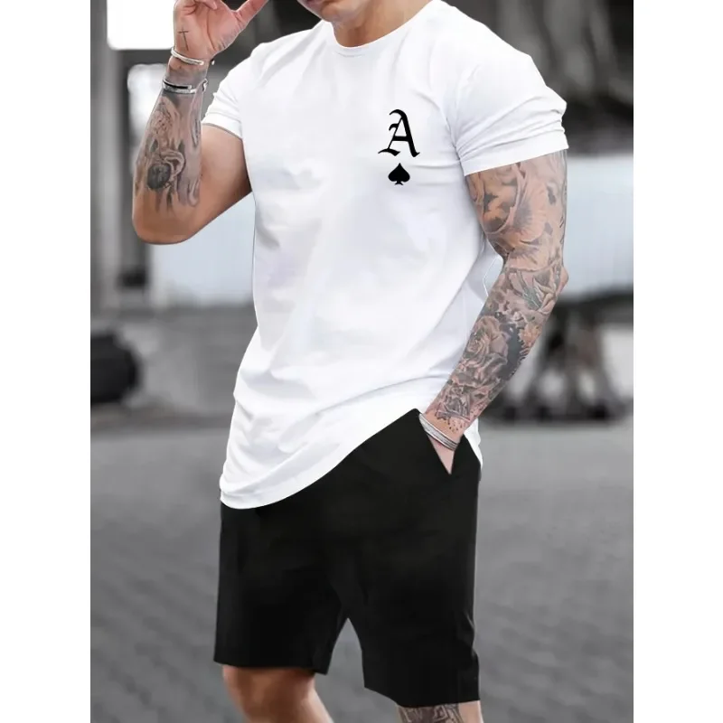 Men's Summer Spade A-line Poker Pattern Printed T-shirt Fashion Loose Casual Round Neck Large Men Breathable Soft Cotton T-shirt