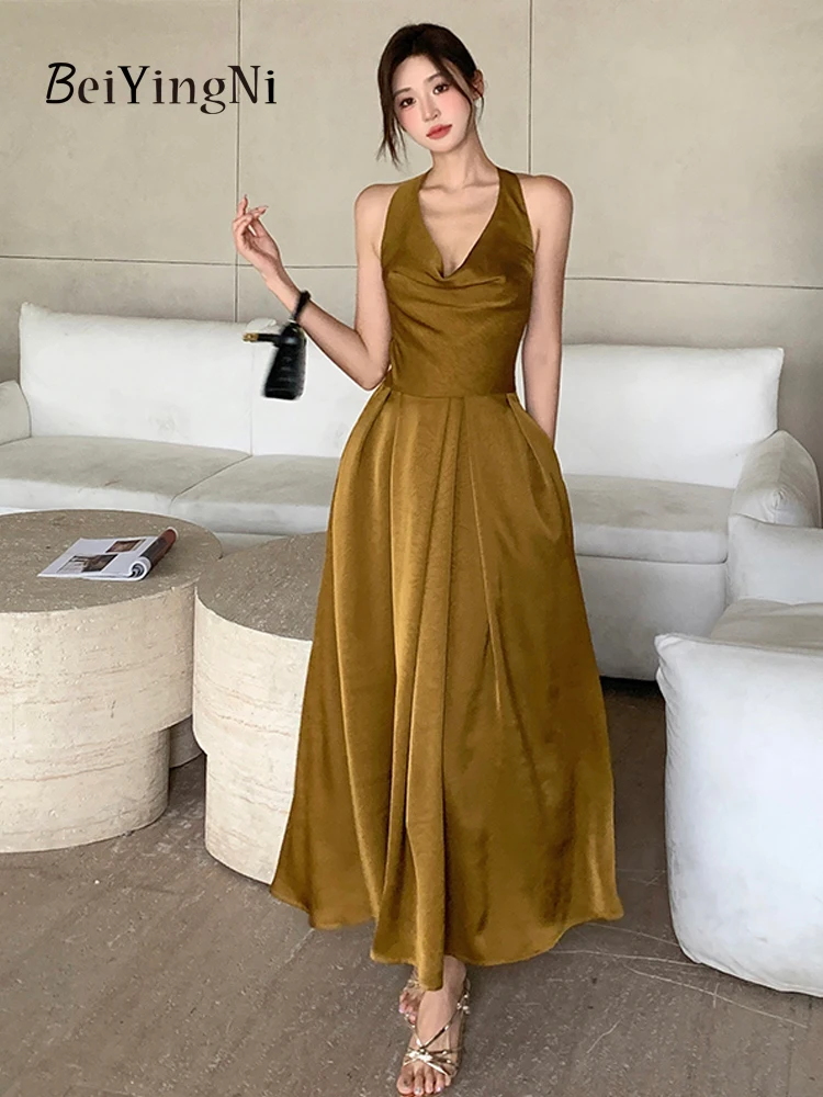 Beiyingni Halter Swing Collar Long Maxi Dresses Women Satin Vintage Slim Waist Pleated Backless Dress Female Club Gold Vestidos