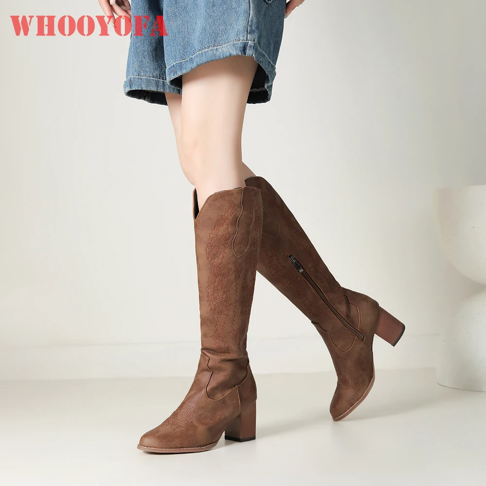 2026 Winter Sexy Women Knee High Western Boots Pointed Toe High Block Heels Lady Dress Shoes Large Small Size 11 33 45
