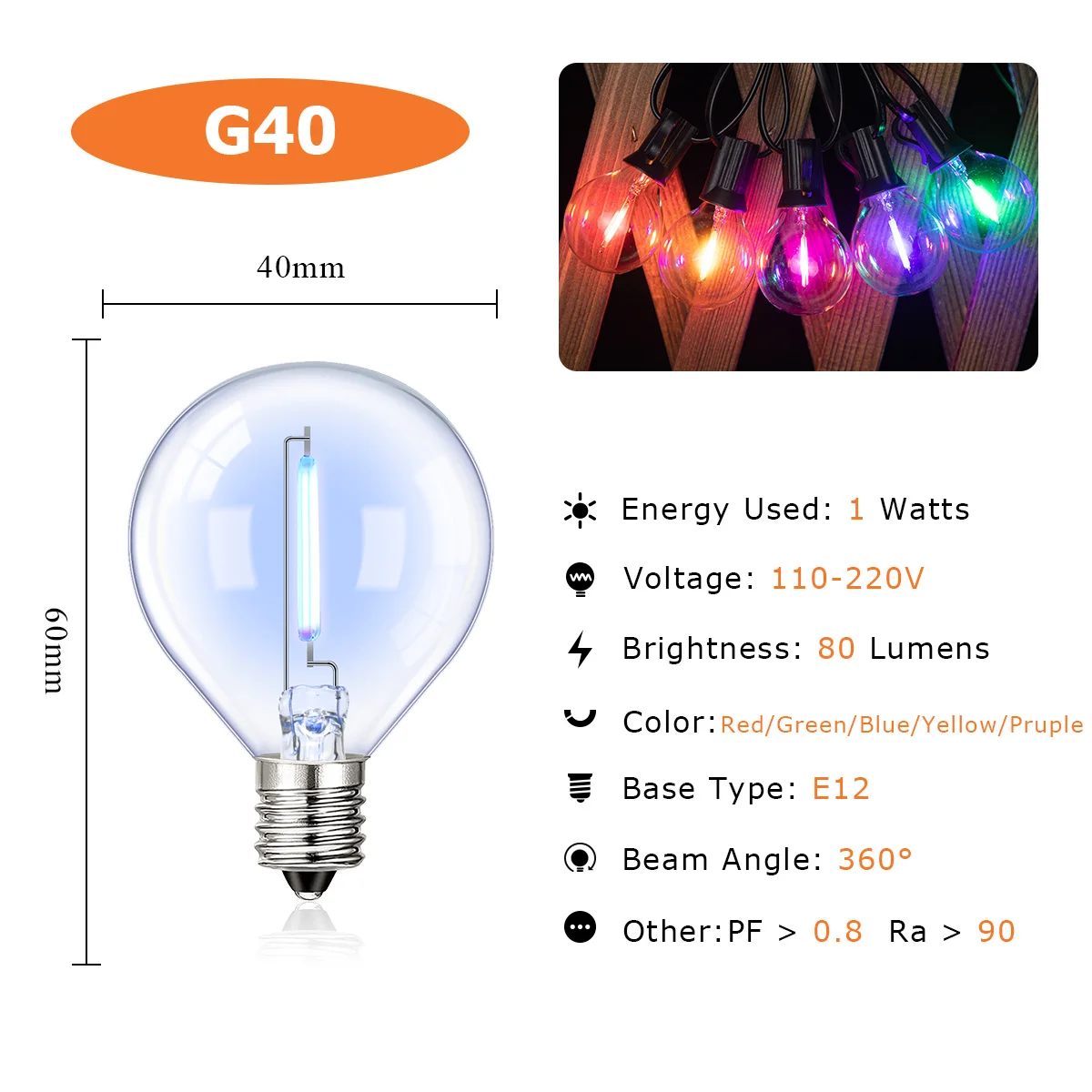 Imagem -02 - Impermeável Led String Light Lâmpada de Filamento Colorido 1w E12 Rgb ue Eua Plug Conectável Natal Jardim Fairy Party Decorações G40