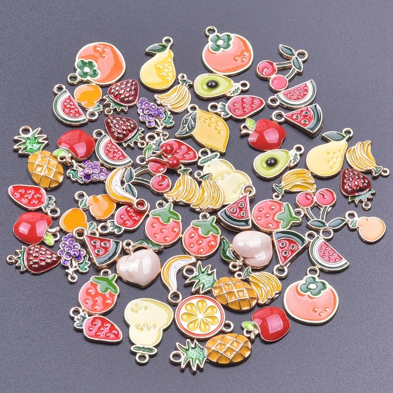 10/30Pcs Random Fruit Lemon Pineapple Charms For Jewelry Wholesale Metal Cherry Strawberry Orange Peach Banana Pendant Wholesale