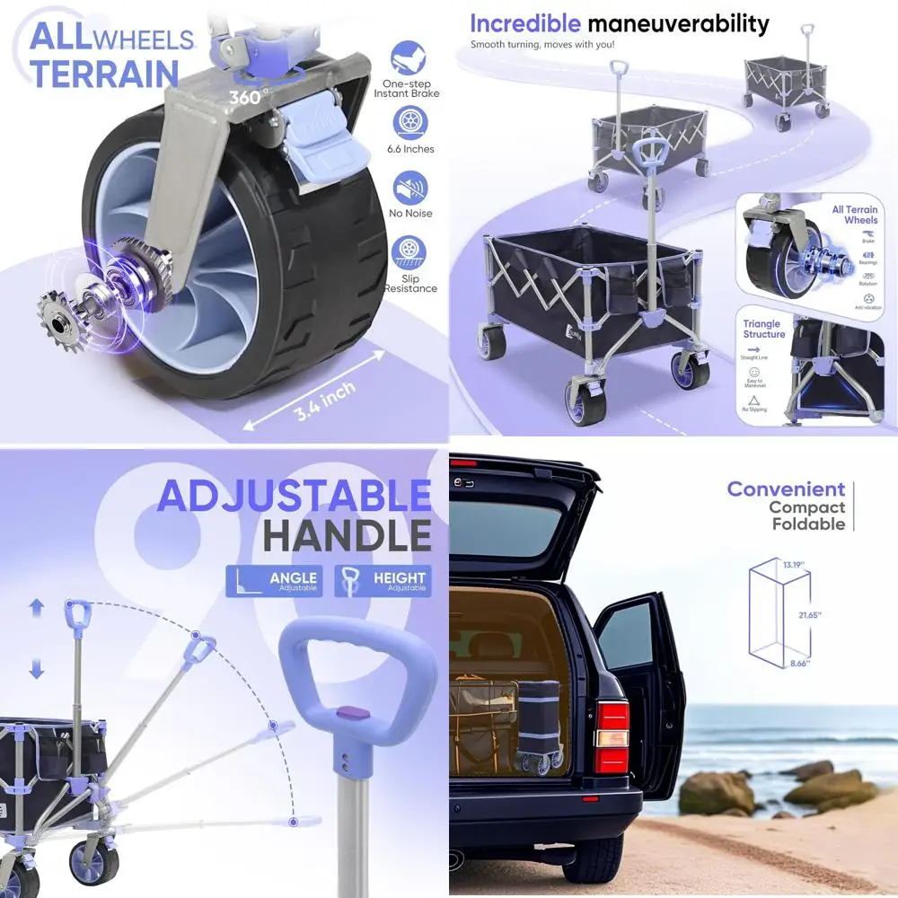 

Сверхмощный складной фургон емкостью 440 фунтов, вездеходные колеса, подставки для напитков — идеально подходит для кемпинга, садоводства, улицы, продуктов
