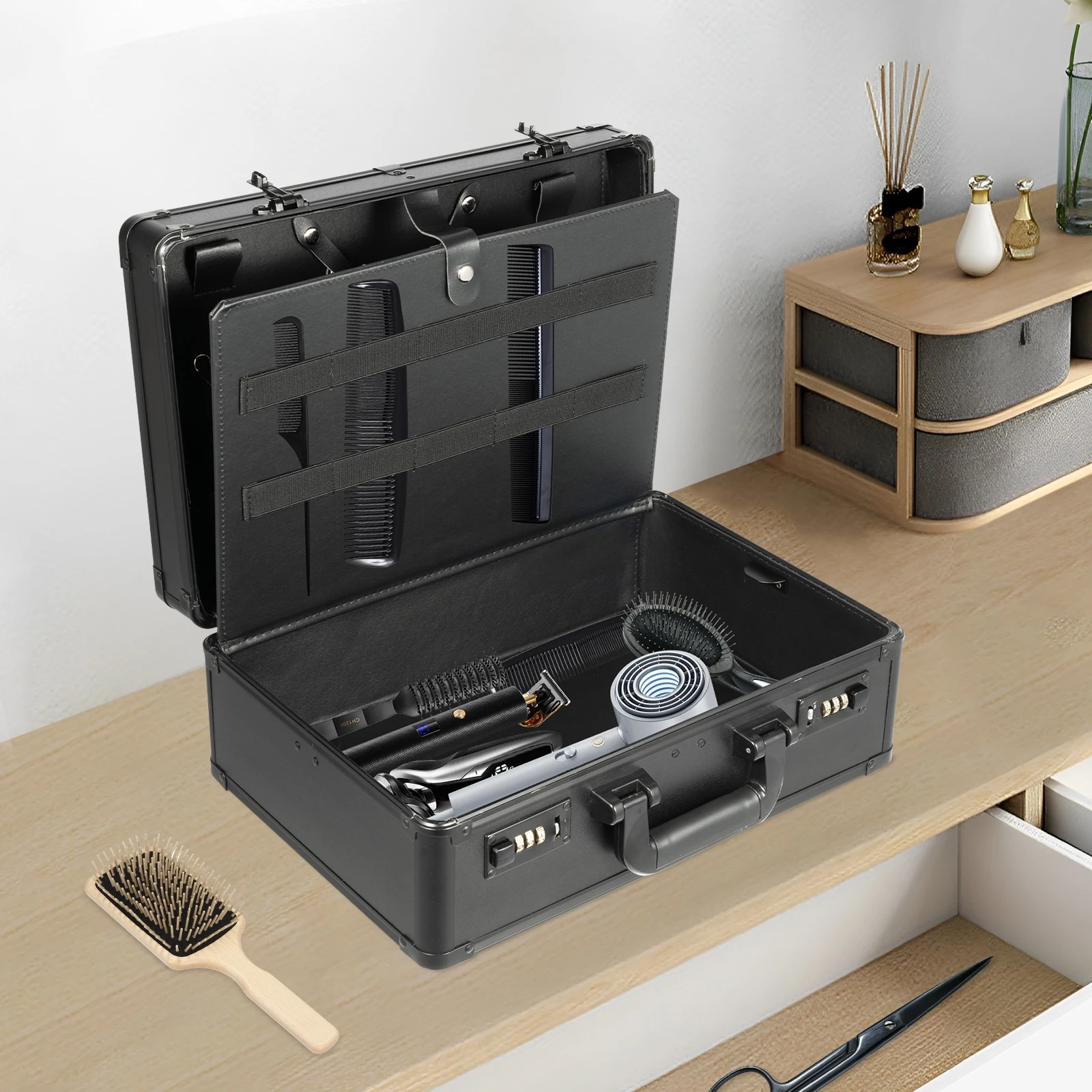 

Профессиональный кейс для парикмахерских инструментов, вместительный, из алюминиевого сплава, с кодовым замком, для стилистов