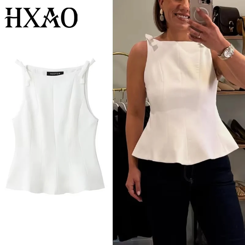 HXAO Ärmellose Crop Tops Für Frau Sommer Schmetterling Weiß Schwarz Top Frauen Casual Plissee Tank Tops Ausgestattet Elegante Frau Top 088