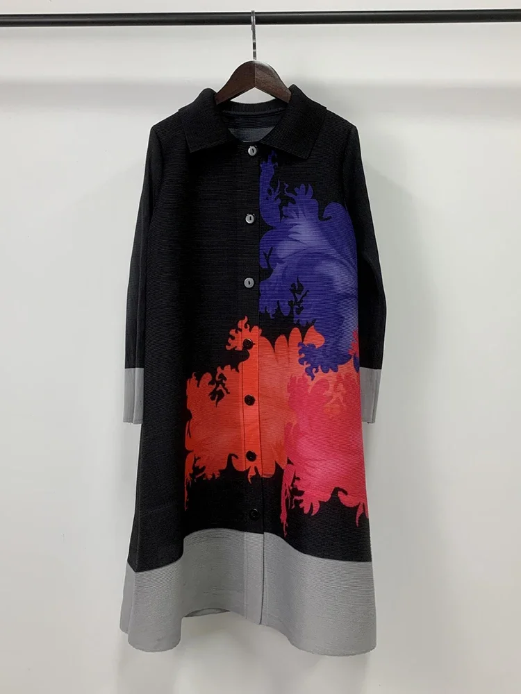 

Miyake 2025 Summer New Fashion Casual Versatile Design Elegant Skirt Lapel Long-sleeved Single-breasted Printed Pleated Dress