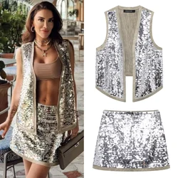 HXAO Women's Suits Silvery Sequin Dance Skirt Set Sparkling Sleeveless Cardigan Vest Gitter Pencil Skirt Sets For Women 2 Pieces