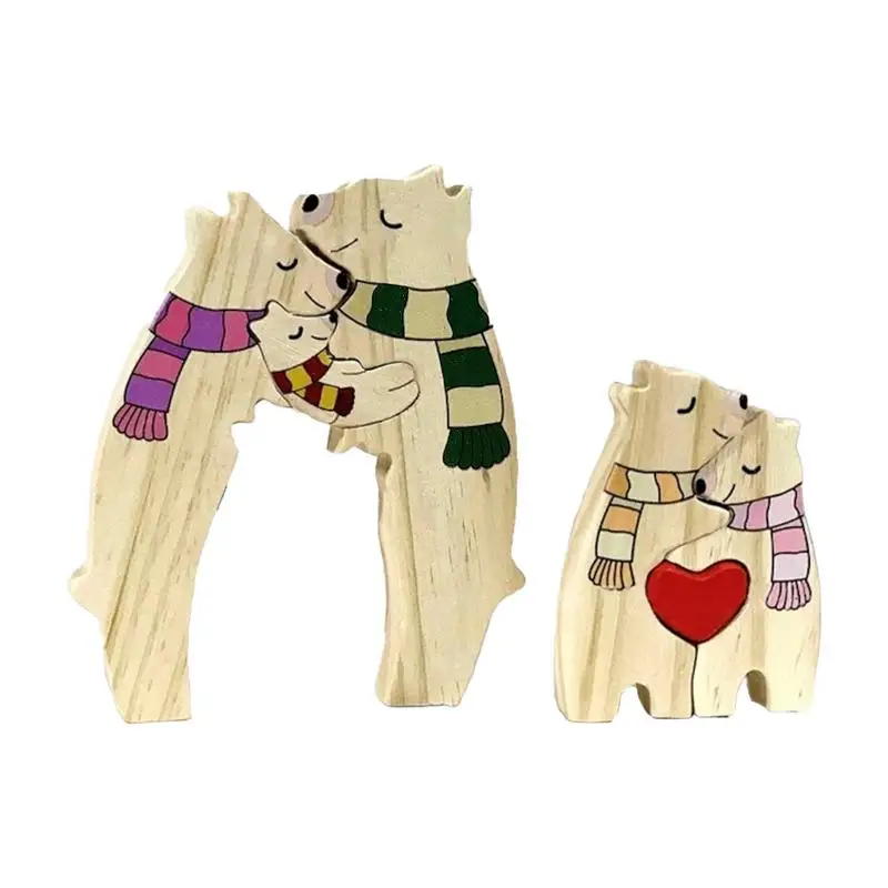 Bear Family Puzzle Cute Cartoon Bear Jigsaw Puzzle With Scarf And Heart Decorative Wooden Animal Sculpture Tabletop Centerpieces