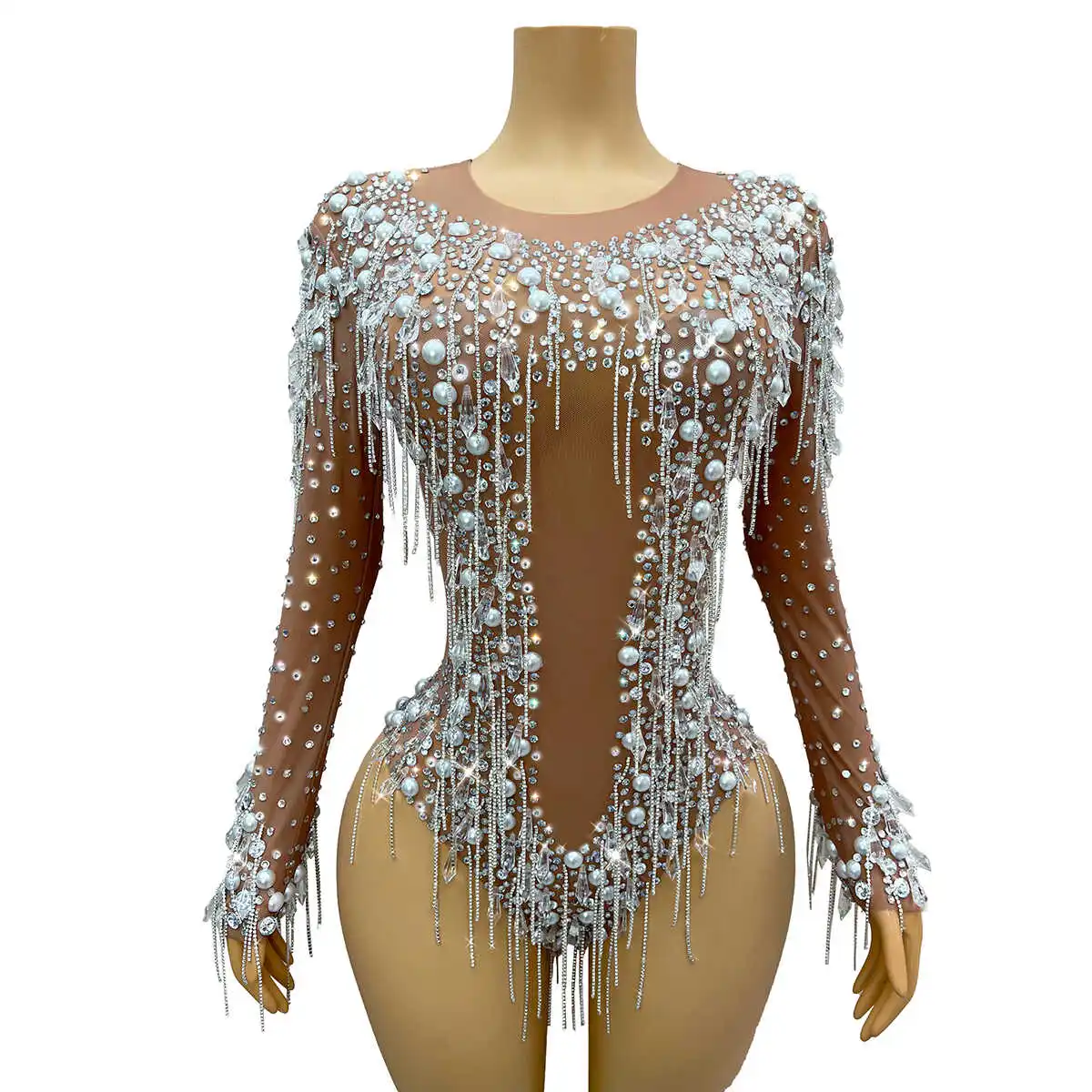 

Factory Sale Silver Rhinestones Pearls Chains Leotard Evening Birthday Crystals Fringes Bodysuit Costume