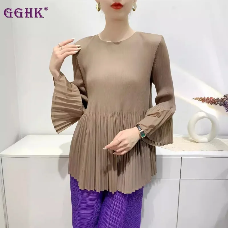 

GGHK Pleated Women Casual Tops 2024 Summer New Solid Color Round Neck Flared Sleeve Design Comfortable Casual T-Shirt