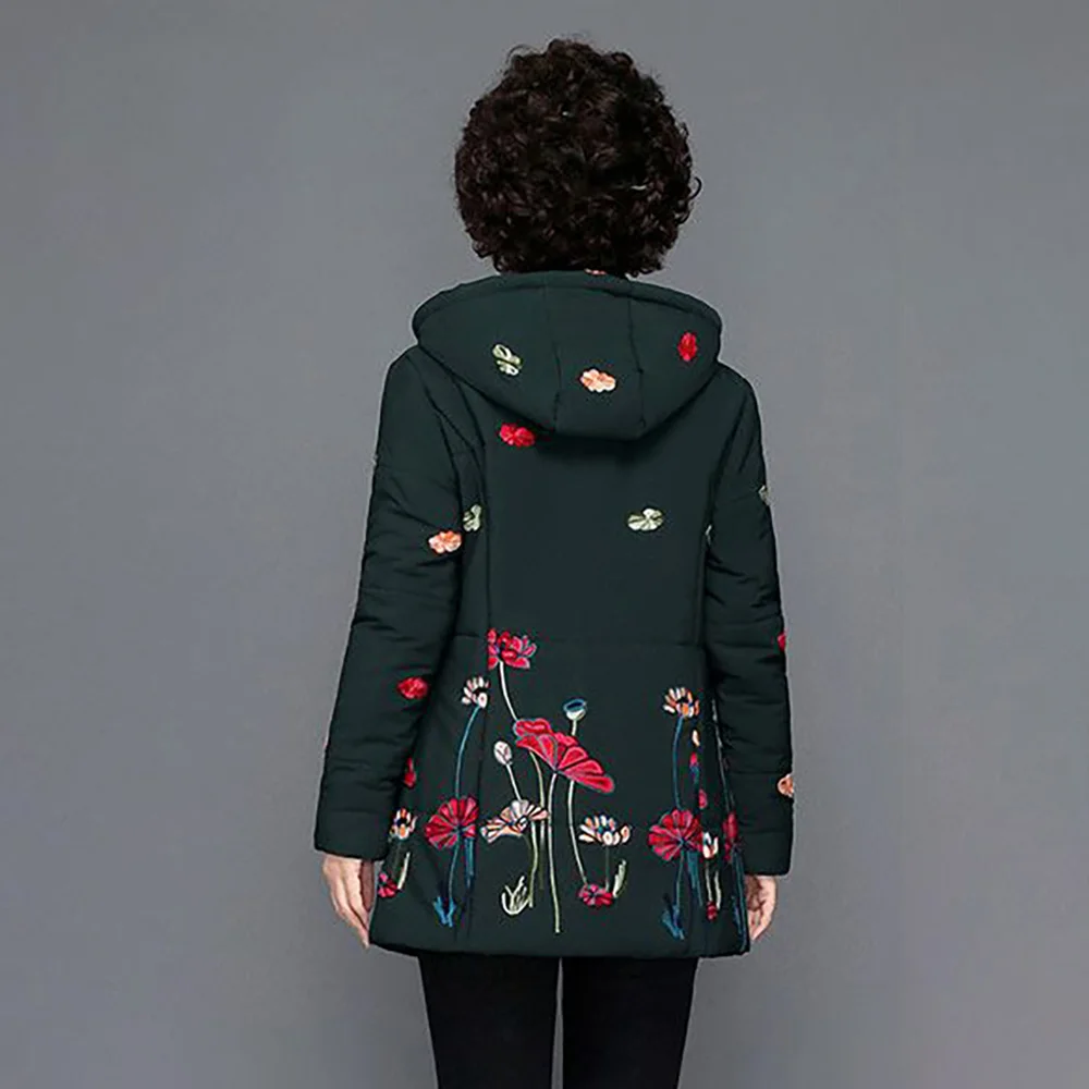 Mother Winter Hooded Printed Cotton-padded Jacket 2024 New Fashion Fleece Middle-aged And Elderly Warm Grab Cotton-Padded Jacket