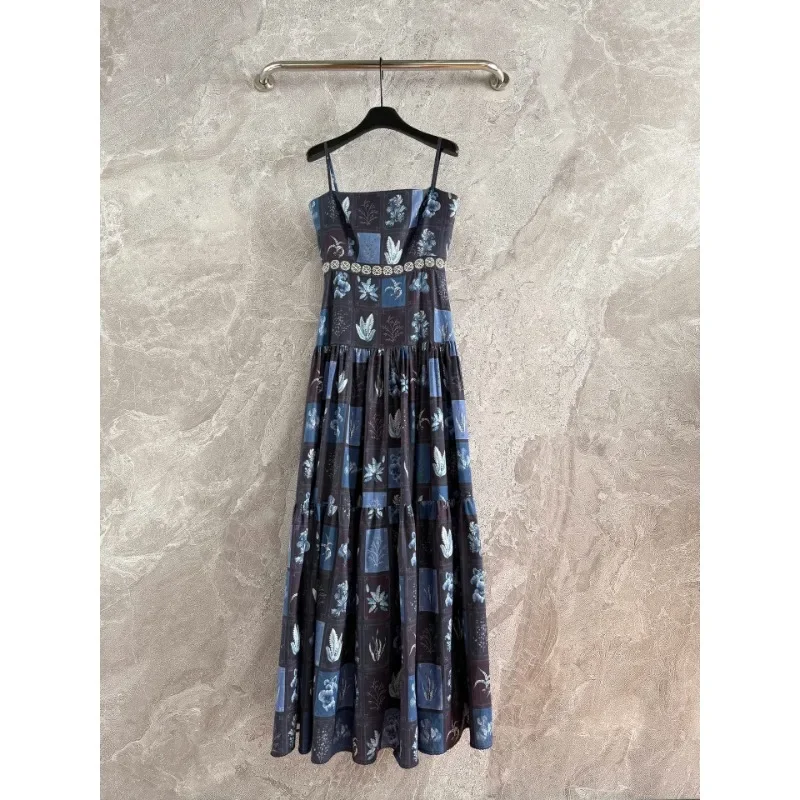 

2025 blue black print Linen High Quality Elegant Sleeveless Midi Dresses Attracitive