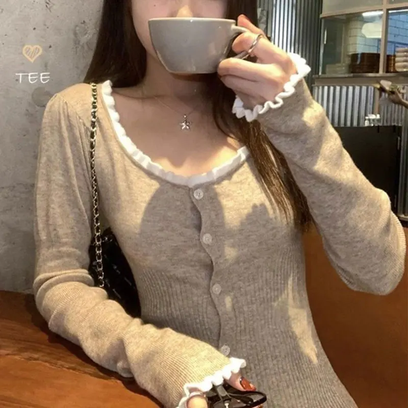 

Korean Sweet Knitted Pullovers Women's Clothing Contrasting Colors Spliced Spring Autumn Stylish Folds Slim Long Sleeve T-shirt