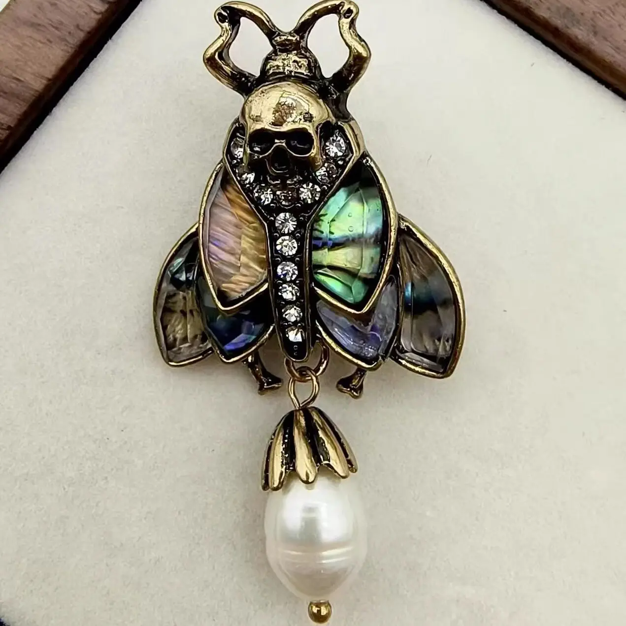 Vintage Marked Scarab Real Shell Pearl Skull Earrings Ring Lapel Pin Set Antique Gothic Beetle Jewelry for Men Women Gift 0187