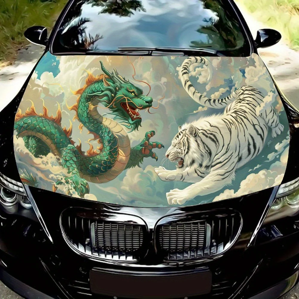 

Green Dragon and White Tiger Fight Car Hood Vinyl Wraps Sticker, Car Engine Decal, Waterproof Self-adhesive Car Packaging Cover,