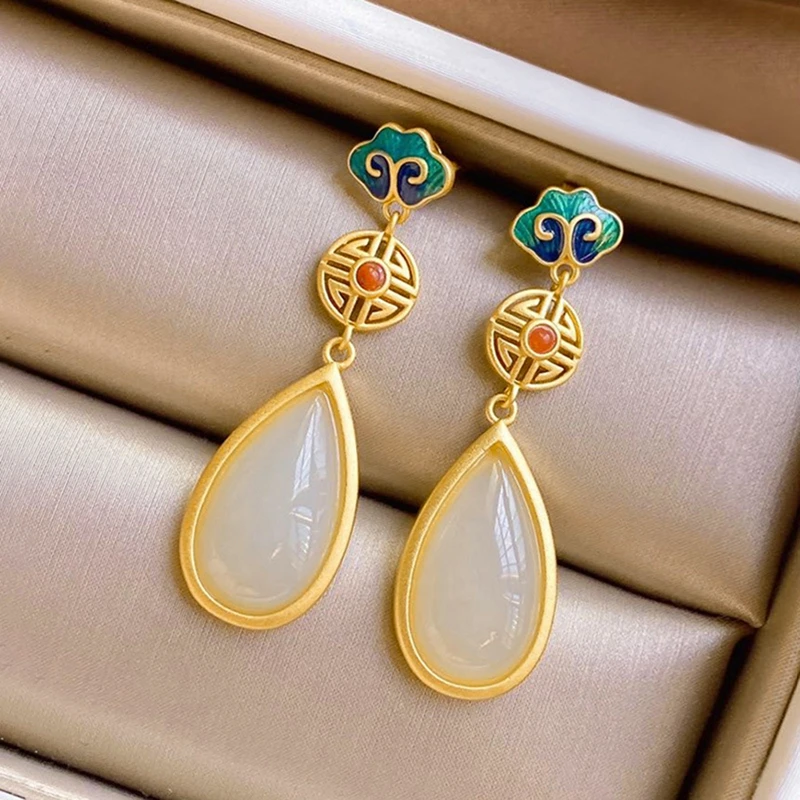 2024 New Chinese Style Painted Enamel Drop Earrings For Women Imitation Emerald Hetian Jade Pendant Temperament Ear Jewelry Gift