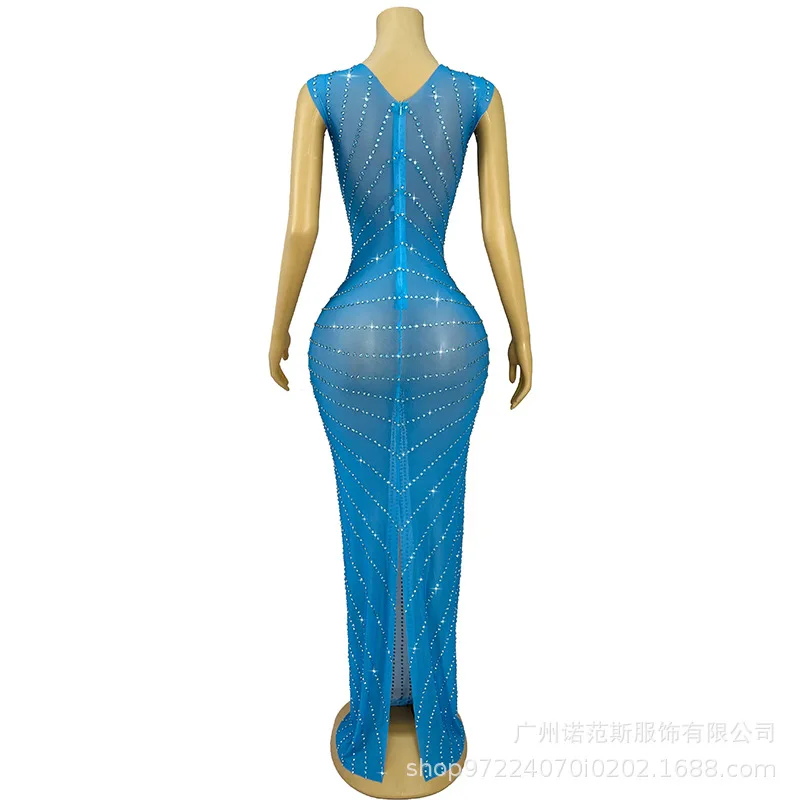 فاخر الأزرق حجر الراين حورية البحر الورك التفاف فستان حورية البحر الكبار نموذج المنصة الملابس العصرية شركة الاجتماع السنوي فستان رداء Fête #3
