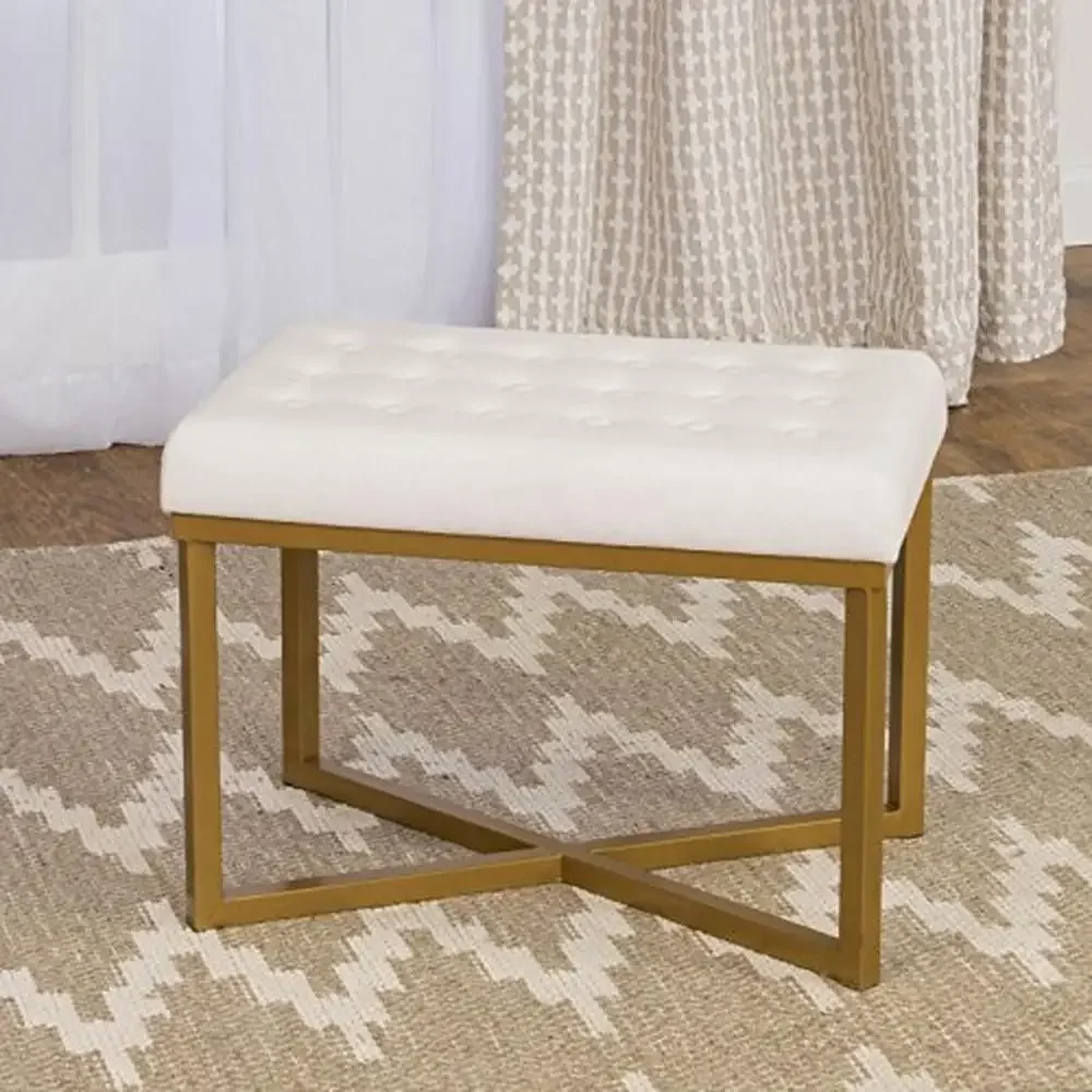 Velvet Ottoman Bench Stylish Metal Base Extra Seating White 24x16