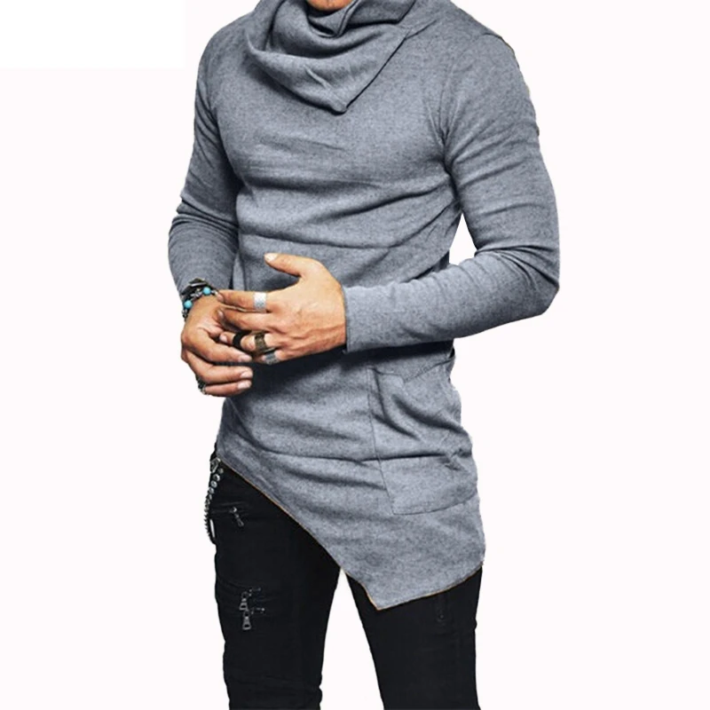 Plus Size 5XL Men\'s Hoodies Unbalance Hem Pocket Long Sleeve Sweatshirt For Men Clothing Autumn Turtleneck Sweatshirt Top Hoodie