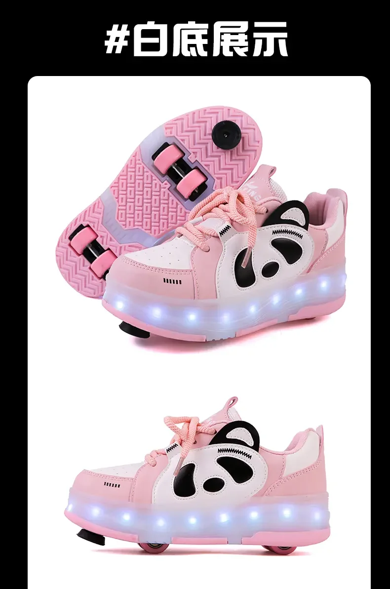 Children's Panda 4Weels Roller Skating Shoes for Boys Girls Shoes with LED Lights Breathable USB Charging Skate Shoes for Kids