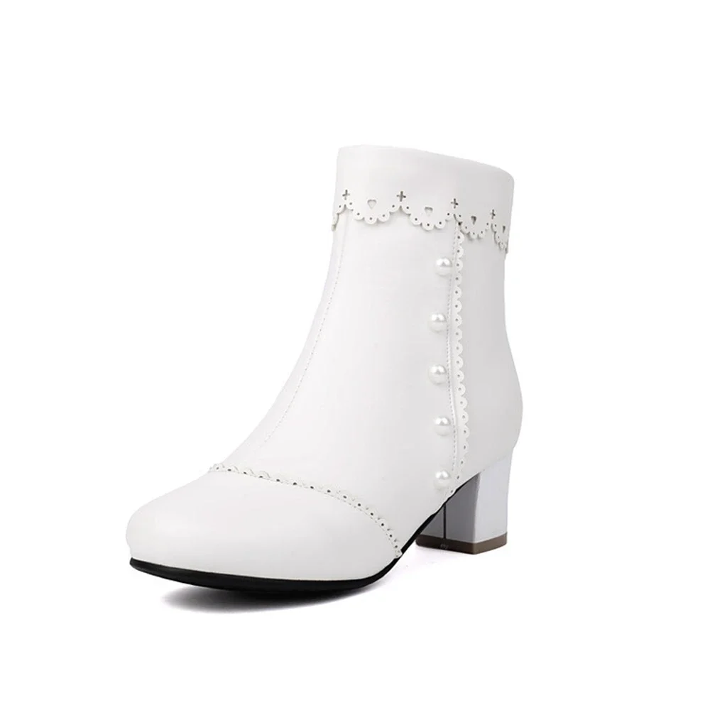 

Ankle Boots Women Leather Round Toe White Spring Autumn Winter Inner Zipper Party Dress Casual Short Bootie Big Size 47 48 7-1