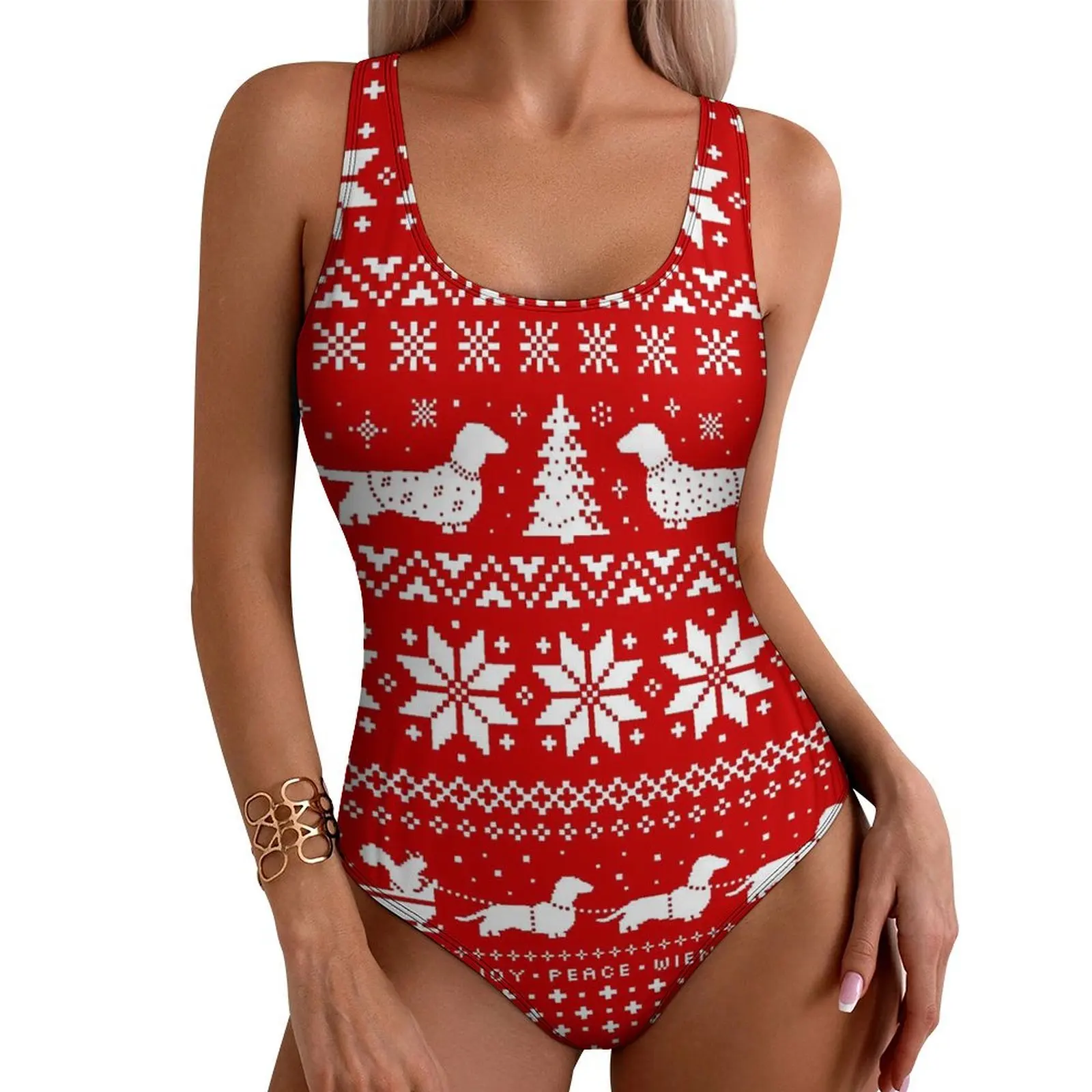 Dachshunds Christmas Swimsuit Sexy Vintage Print Female Swimwear One-Piece Retro Swimsuits Sport Push Up High Cut Bathing Suits
