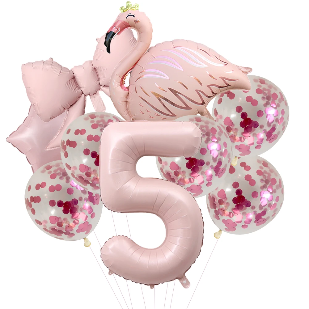 Tropical Flamingo Bow Foil Balloon Set 40Inch 0-9 Light Pink Number Balloons Baby Girl Birthday Hawaii Party Baby Shower Decor