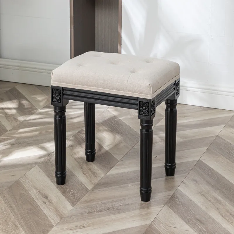 All solid wood soft bag makeup stool black retro dressing stool leather dining stool bedroom home fabric engraved