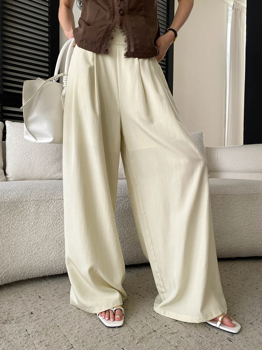 Sommerliche Damen-Freizeithose in Uni-Farbe, halb elastisch, hoher Bund, locker geschnitten, weites Bein – Detail 29