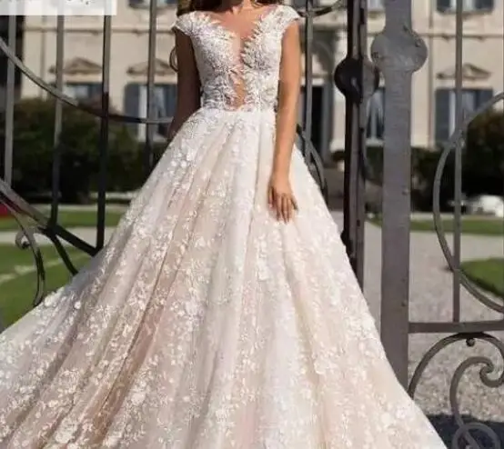 

Ball Gown Cap Sleeves Custom Made Lace Wedding Dresses