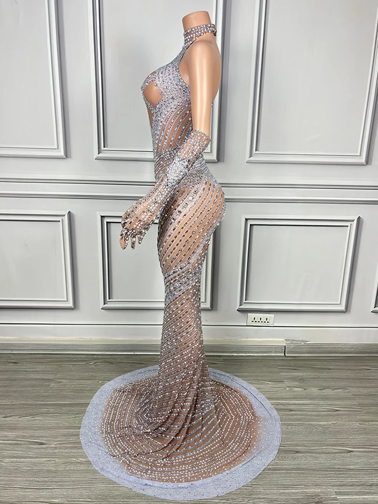 فستان سهرة مثير بحجر الراين Gogo زي حفلات الملهى الليلي بريق فاخر للنساء فساتين أنيقة بطول الأرض ملابس المسرح yj182