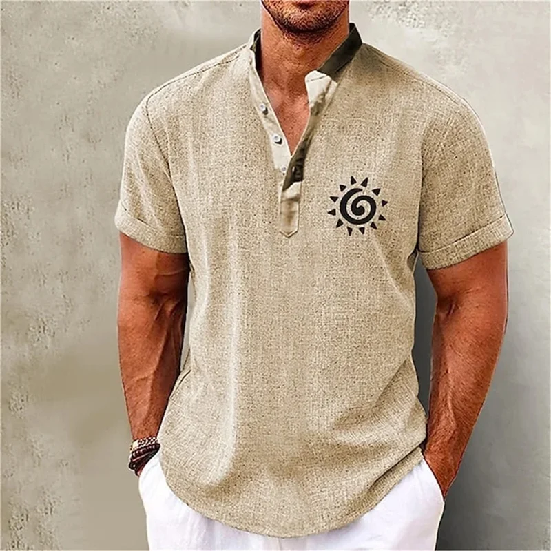 Men\'s Henley Shirts - 2024 New Plant Pattern Print Clothing, Casual Everyday T-shirts, Fashion Short Sleeve Tops, S-5XL