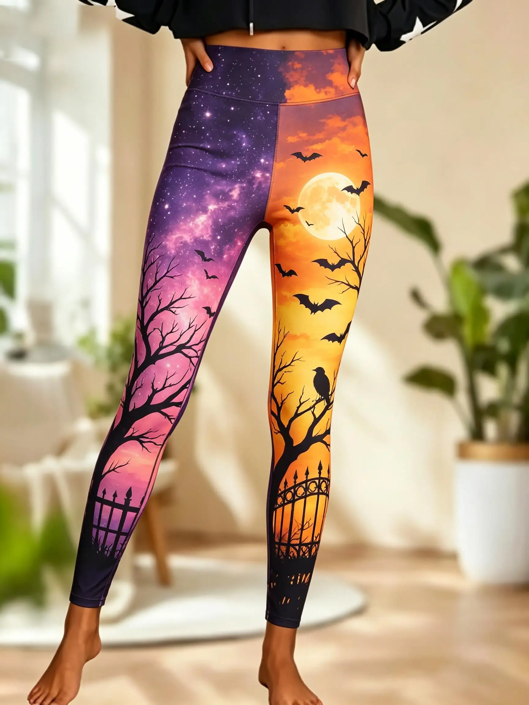 Women Halloween Fleece Mid‑Rise Leggings Galaxy Sunset Bat Dead Tree Full Print Stretch Slim Pants