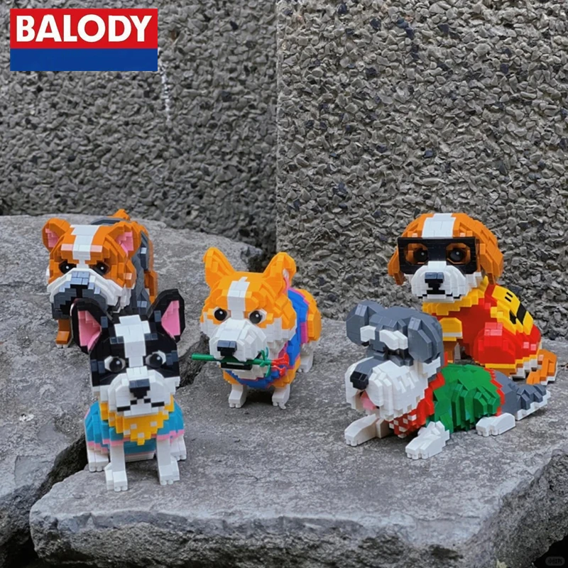 BALODY Simulation Dog Building Blocks Labrador Husky Bulldog Corgi Assembly Model DIY Animal Hand Doll Birthday Gift Toy