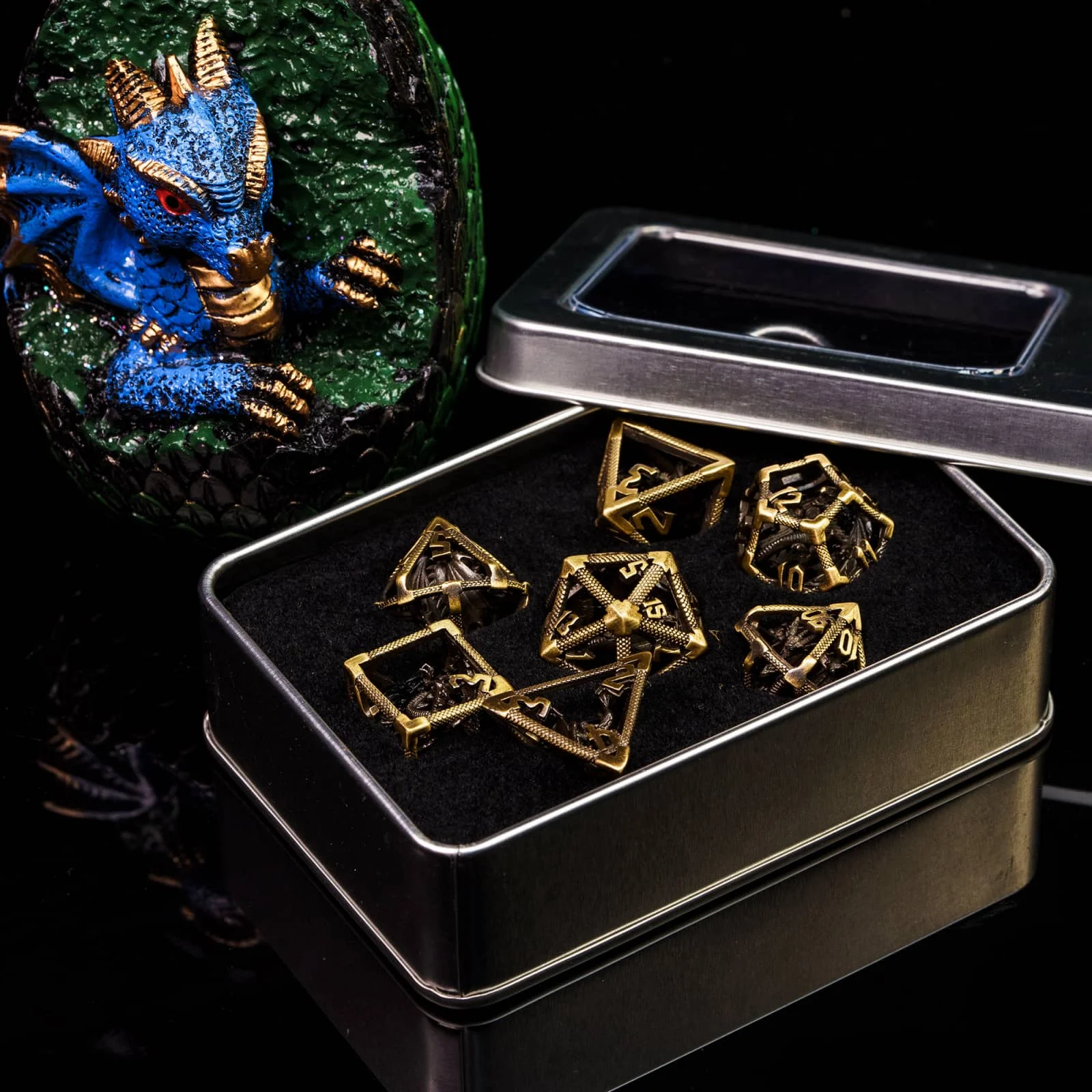 Cusdie Dragon Hollow DND Dices Metal 7Pcs D4-D20 Polyhedral Dice Set with Iron Box for Role Playing Game Pathfinder Board Games