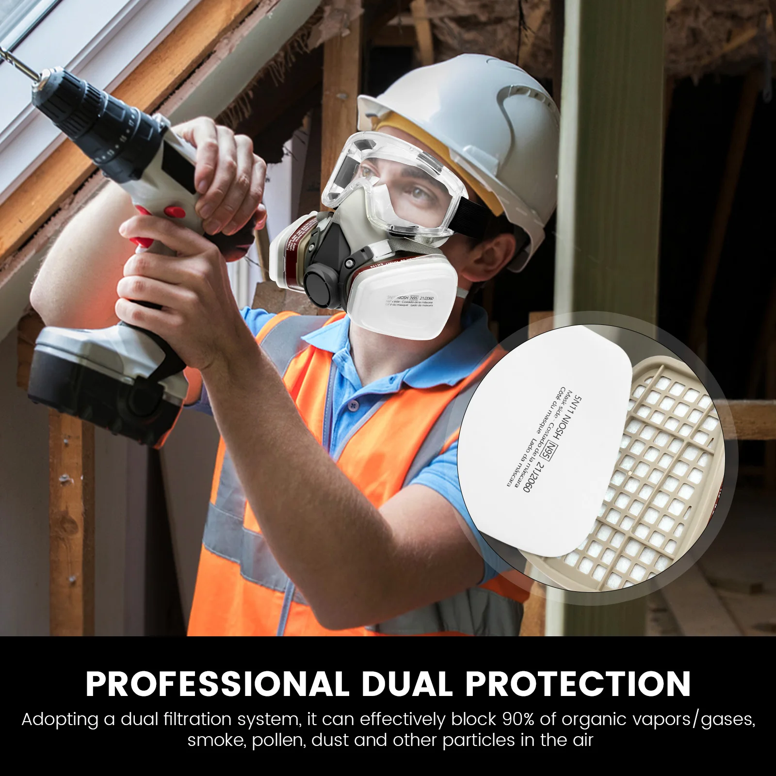 呼吸用マスク ハーフフェイスピース ガスマスク 安全メガネ付き 再利用可能 尘化学物質に対するプロフェッショナルな呼吸保護