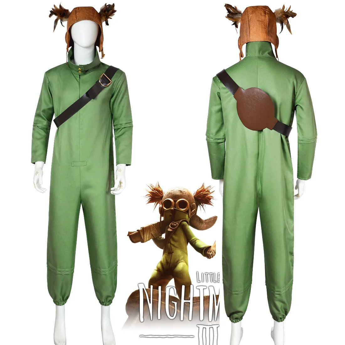 

Alone Low Cosplay Costume Game Anime Nightmares Alone Green Jumpsuit Headgear Ears for Adult Women Men Parent Child Clothing