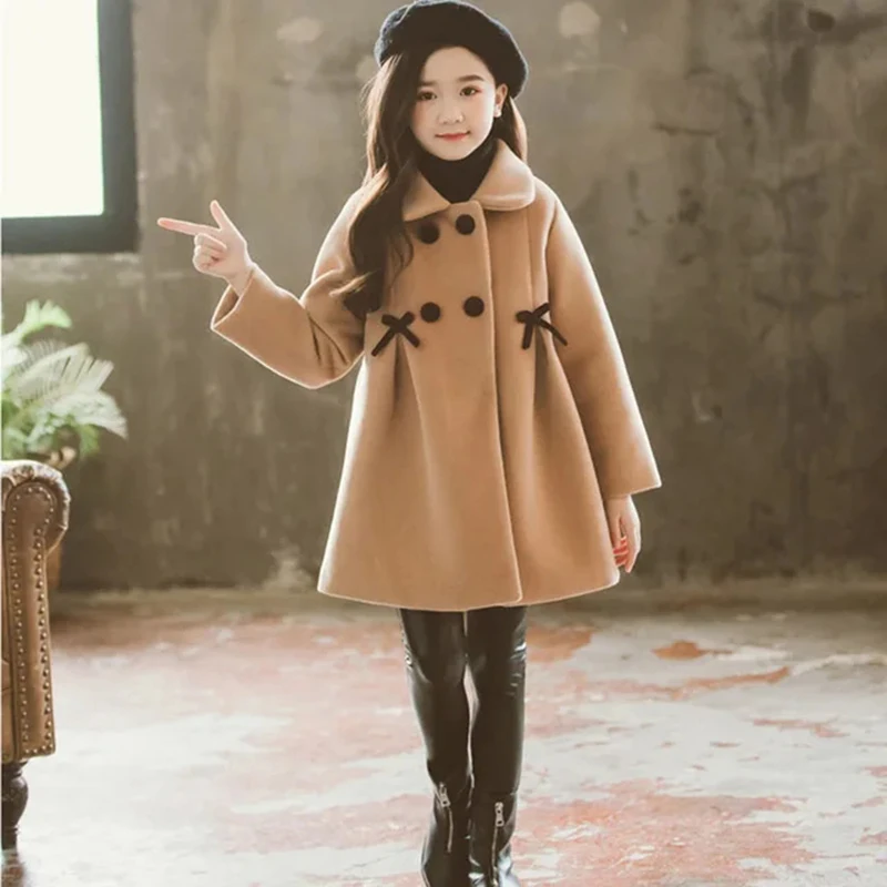 3-12 Years Girls Wool Coat Autumn Winter New Korean Version Fashion Long Kids Jacket Double Breasted Children Outerwear Clothing