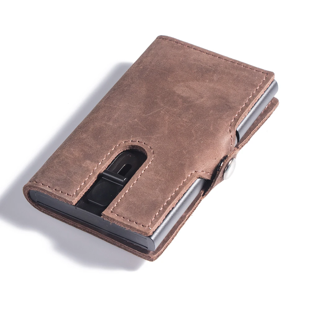 Men's Genuine Leather Wallets RFID Aluminum Metal Credit Card Holder Wallet Small Money Bag Coin Pocket Purse