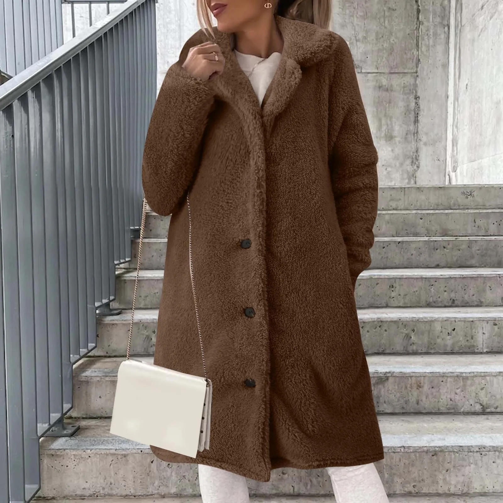 Jackets For Women Casual 2024 Women Solid Color Plush Lapel Jacket Button Pocket Warm Plush Long Jacket Jaqueta