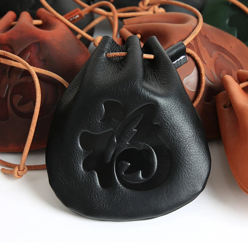 Vintage Original 100% Genuine Leather Coin Purse Men Women Small Mini Wallet Small Drawstring Bag Card Purse Key Holder Pouch