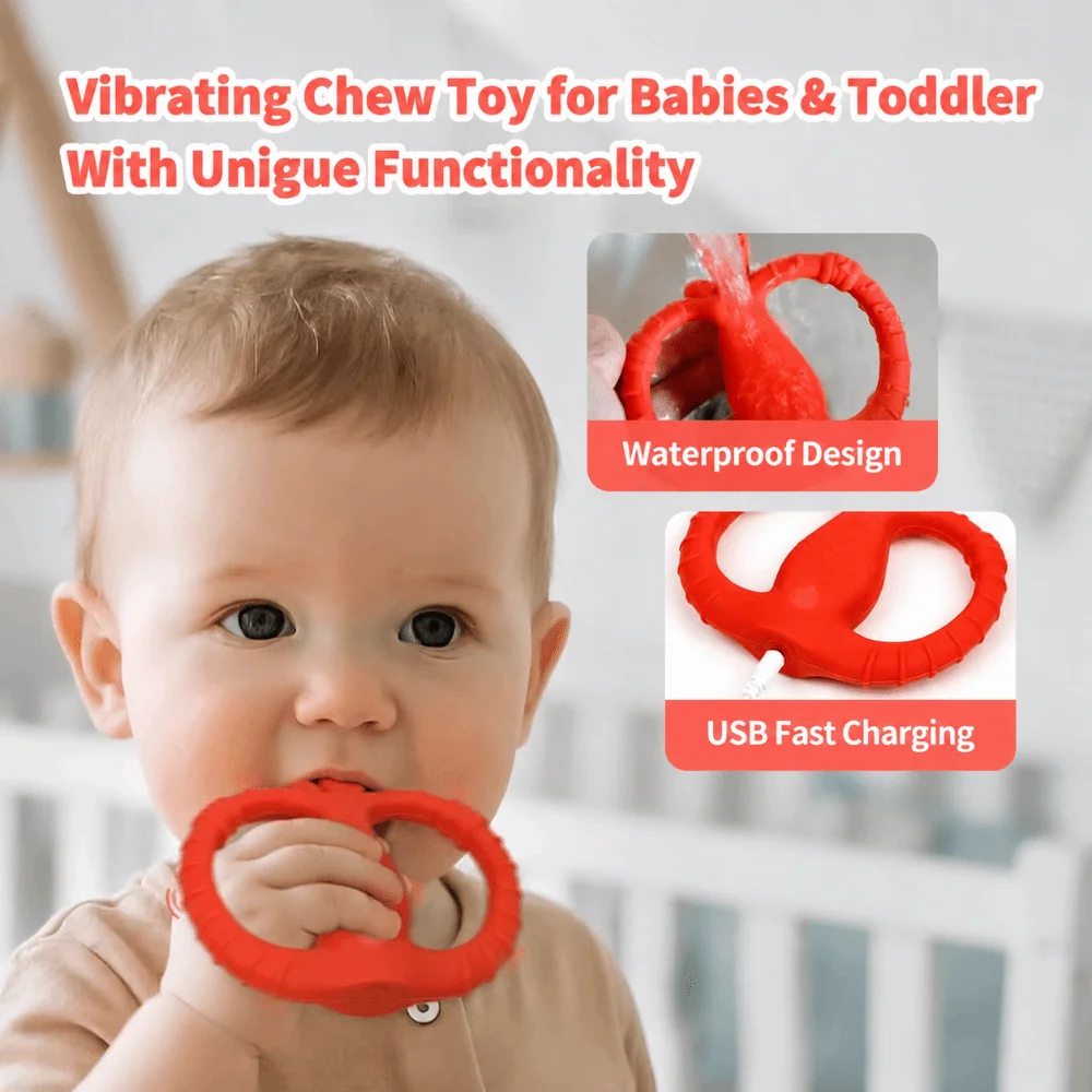 Vibrating Teether for Baby with Remote Control Food Grade Silicone Chewy Sensory Toy 10-Speed Vibration Modes Baby Teether Toy