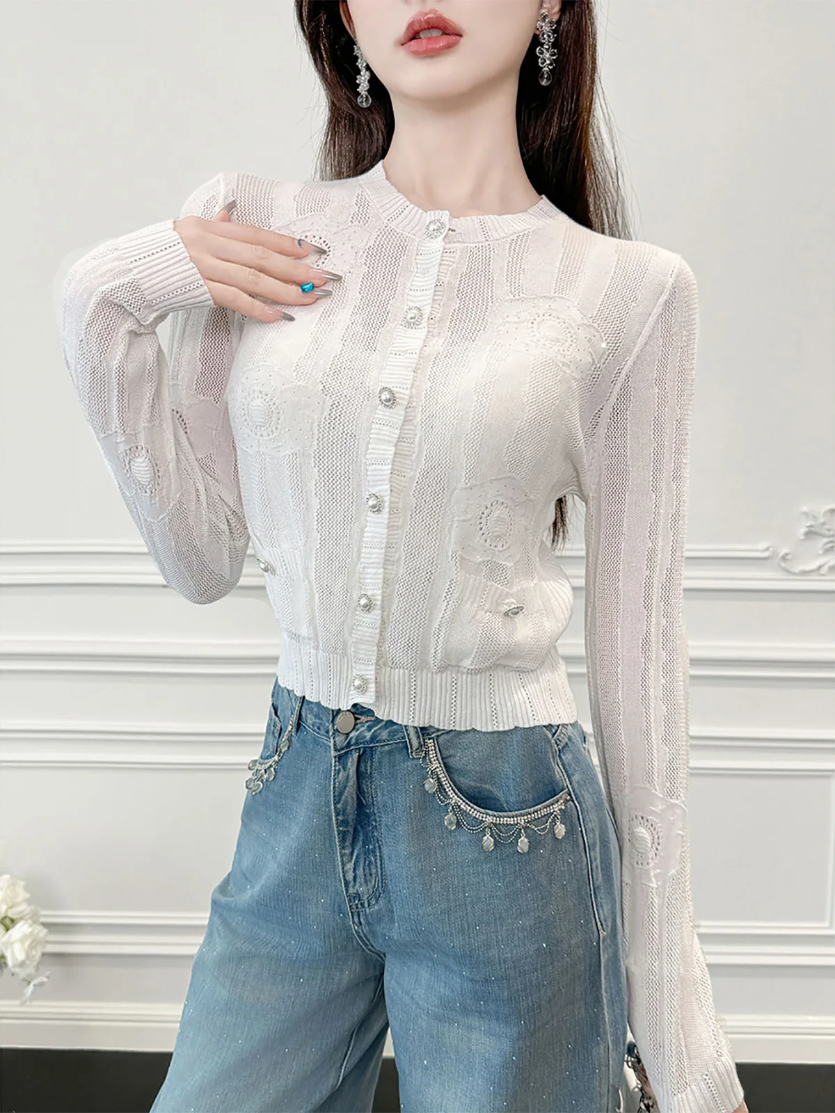 

Сексуальный открытый кардиган с открытыми крючками и цветами, модный ромбовидный открытый кардиган, новый хлопковый длинный свек, круглый женский irt