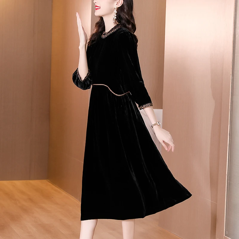 

Women Red Korean Vintage Casual Midi Dress Autumn Winter Black Velvet Thick Warm Robe 2024 New Elegant Bodycon Office Lady Dress