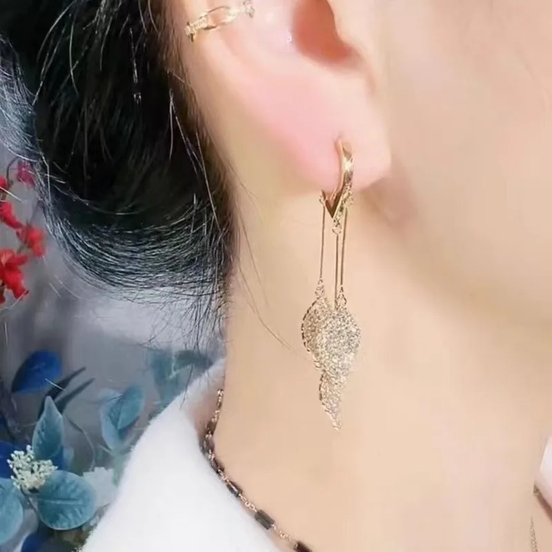 Elegant luxurious full diamond leaf tassel earrings trendy internet celebrity heart shaped ear clasps long style slims face vers