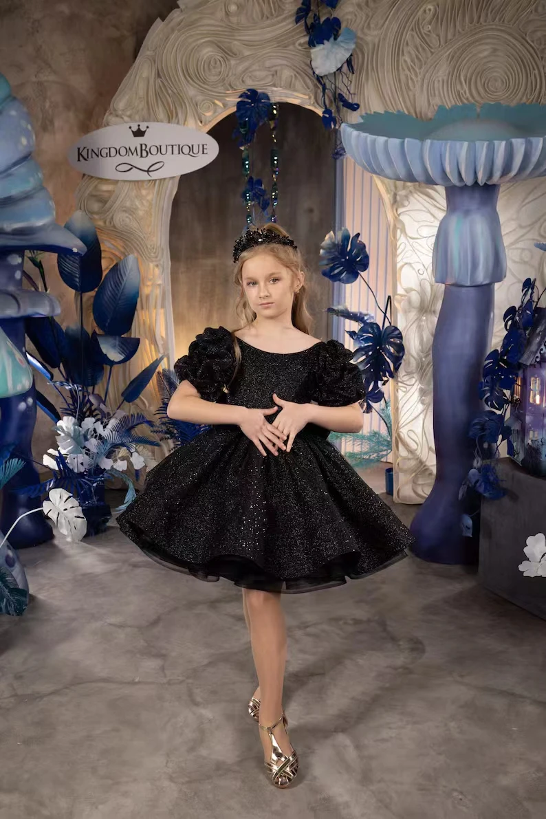 Vestido negro de flores brillantes para boda, lentejuelas de cuello redondo, mangas cortas hinchadas con lazo, vestido de baile de primera comunión de cumpleaños para niños