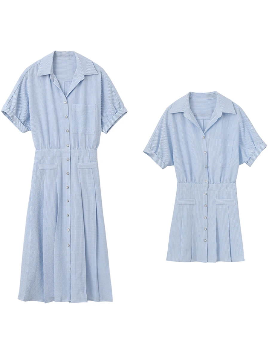 CHIC VEN Korean Pleated Shirt Dress Short Sleeve Dresses Striped Women Loose Girl Slim Dress A Line Women Clothing Summer 2023