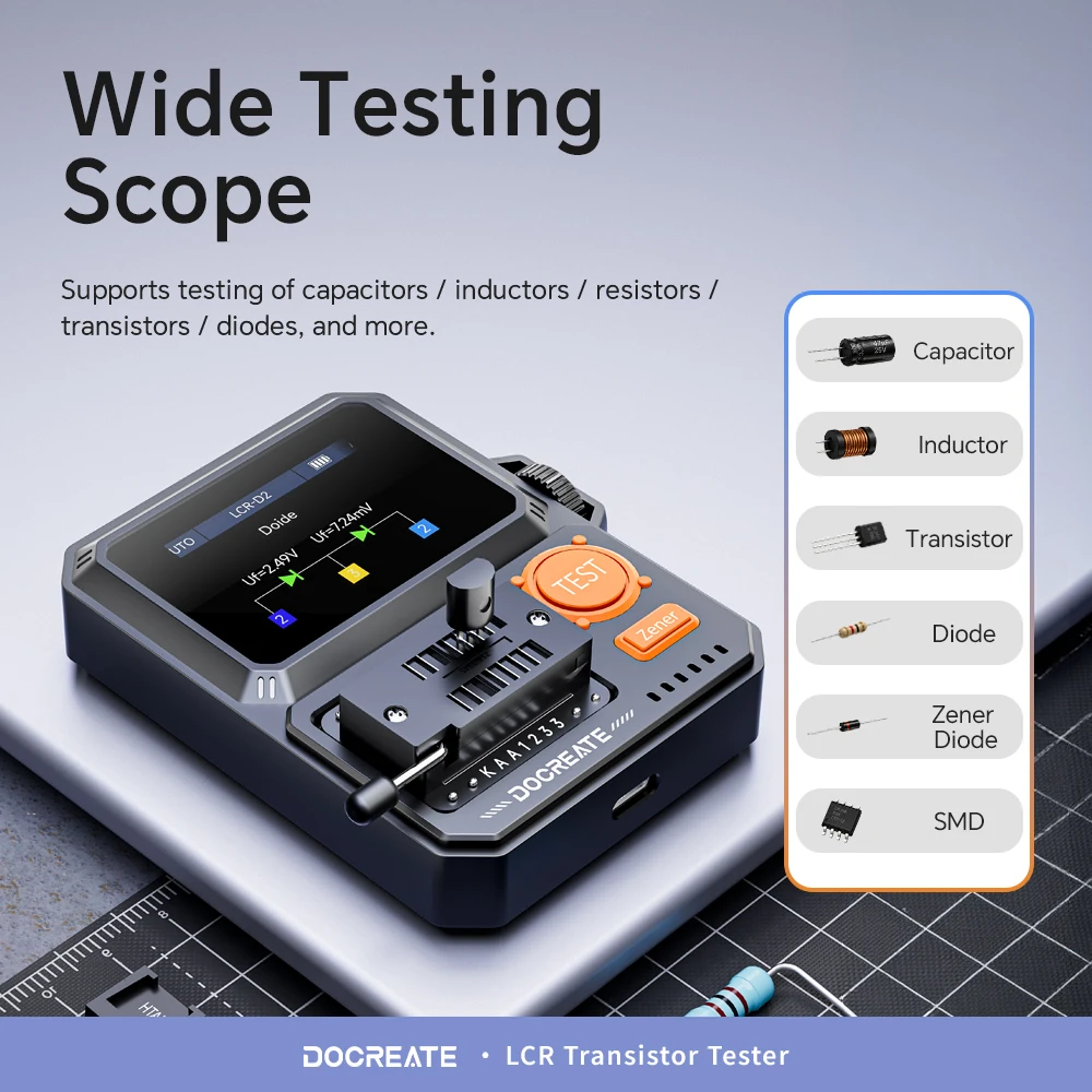 Docreate LCR-D2 Transistor Tester With Smart Auto Recognition, IR Decoder, Zener Diode Test, 400mAh Battery For DIY Repair