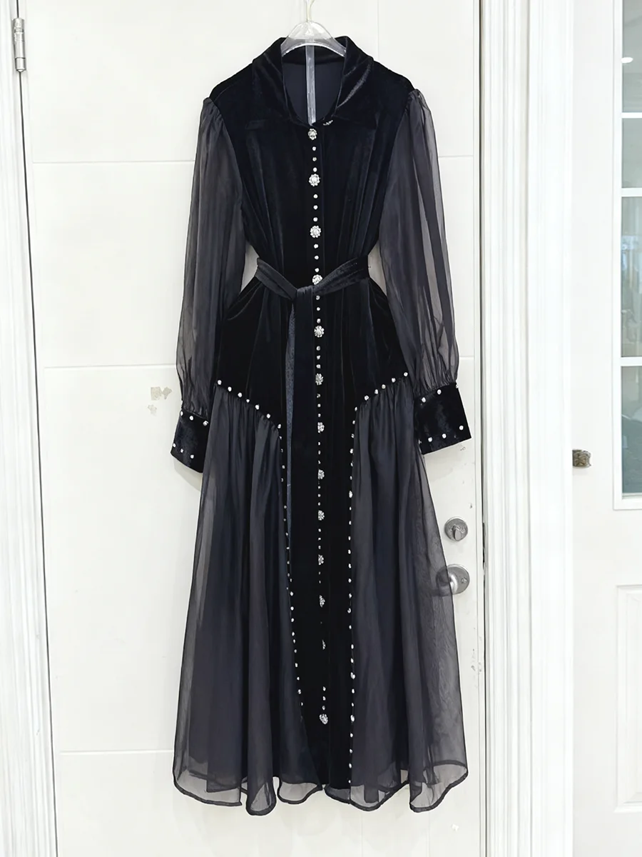 ชุดเดรสออกงานปักเลื่อมลายปะติด VGH ดีไซน์หรูหราสำหรับผู้หญิง คอทรงโอ แขนยาว ผ้าตาข่ายโปร่งแบบต่อชิ้น ความยาวปานกลาง เสื้อผ้าสตรี