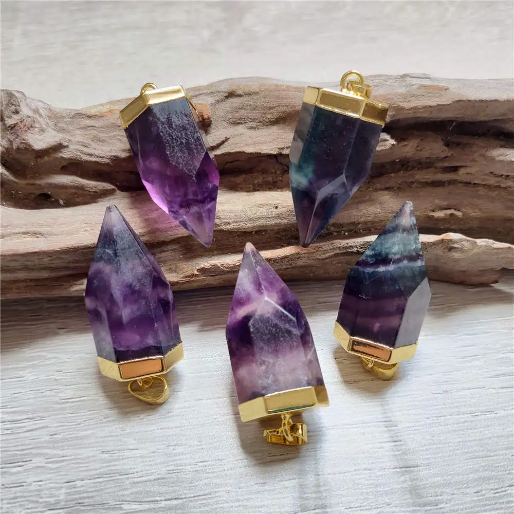 FUWO Natural Rainbow Fluorite Pointed Pendant,Golden Plated Thick Spike Healing Crystal Accessorie For Necklace Making PD326