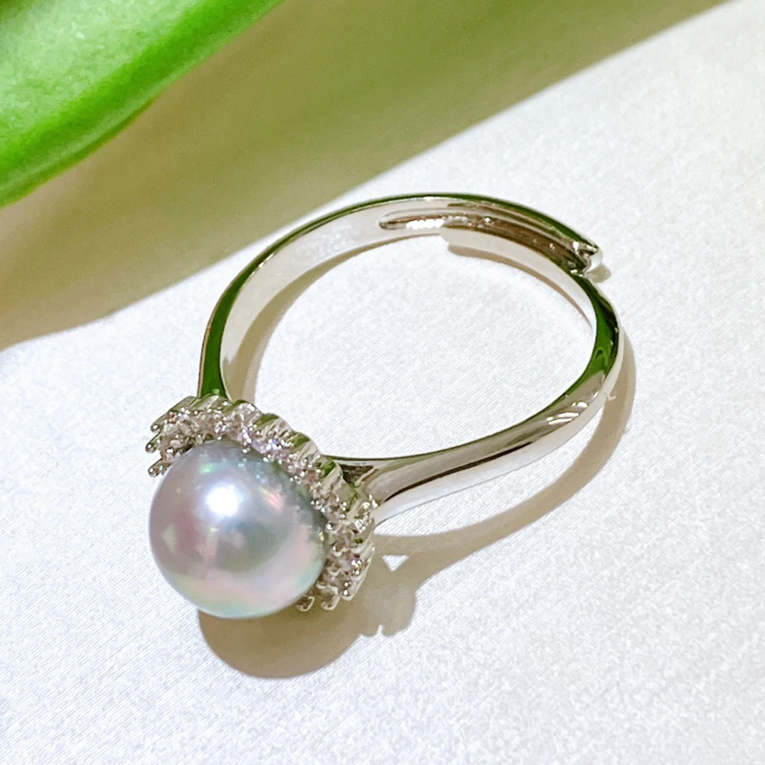 8-9mm Natural Japanese Sea Water Akoya Pearl Ring Baroque Round Princess Style Blue Grey Pearl Rings for Women Girls Party Gift